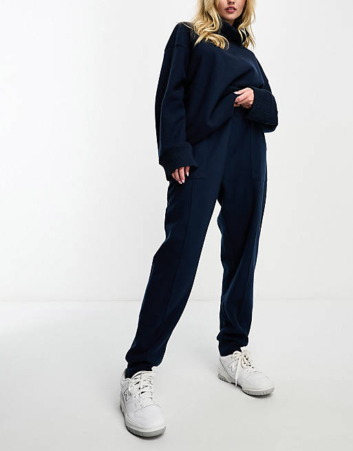 ASOS DESIGN Petite knitted sweatpants with tie waist detail in navy - part  of a set
