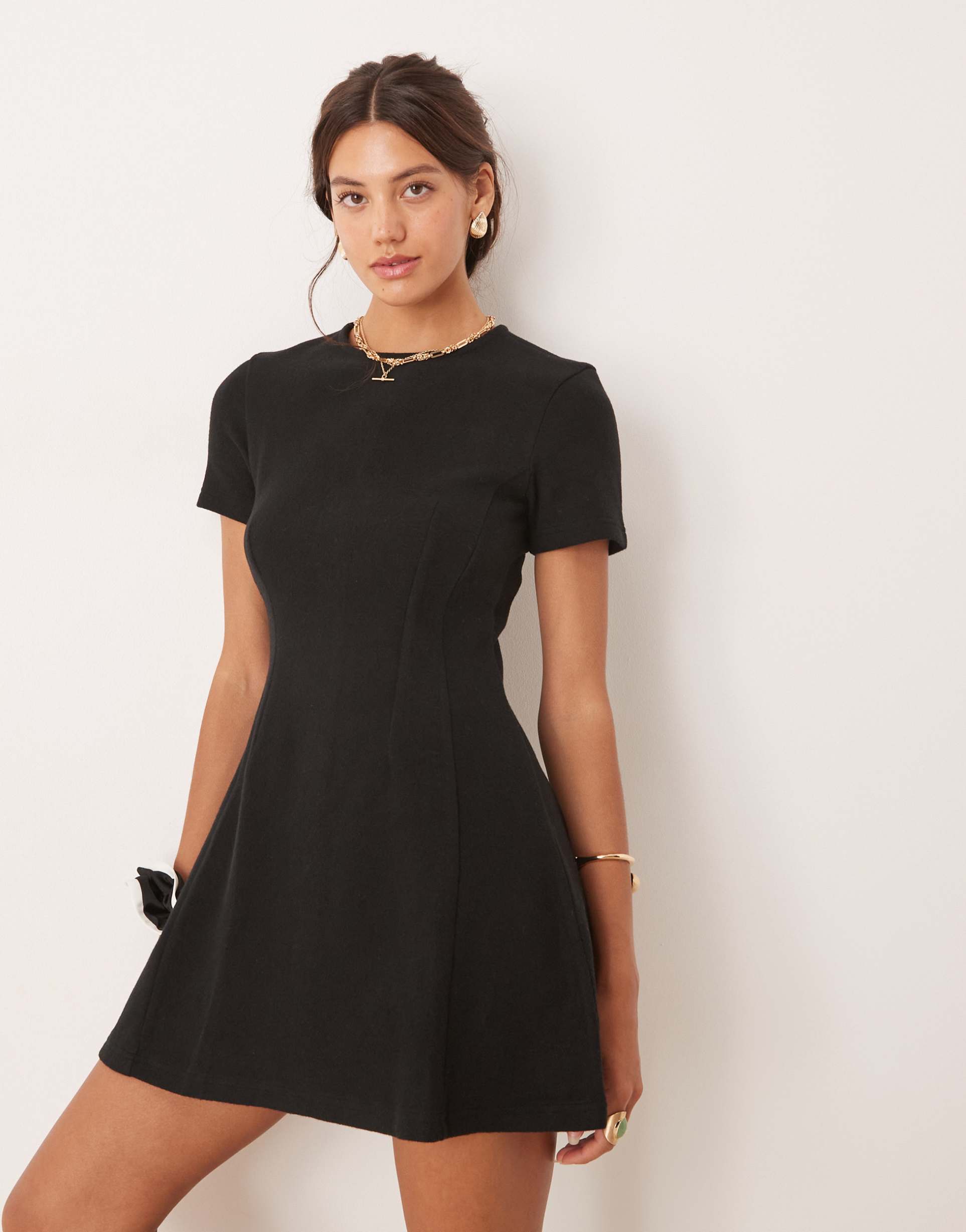 asos design super soft short sleeve fit and flare mini dress in black