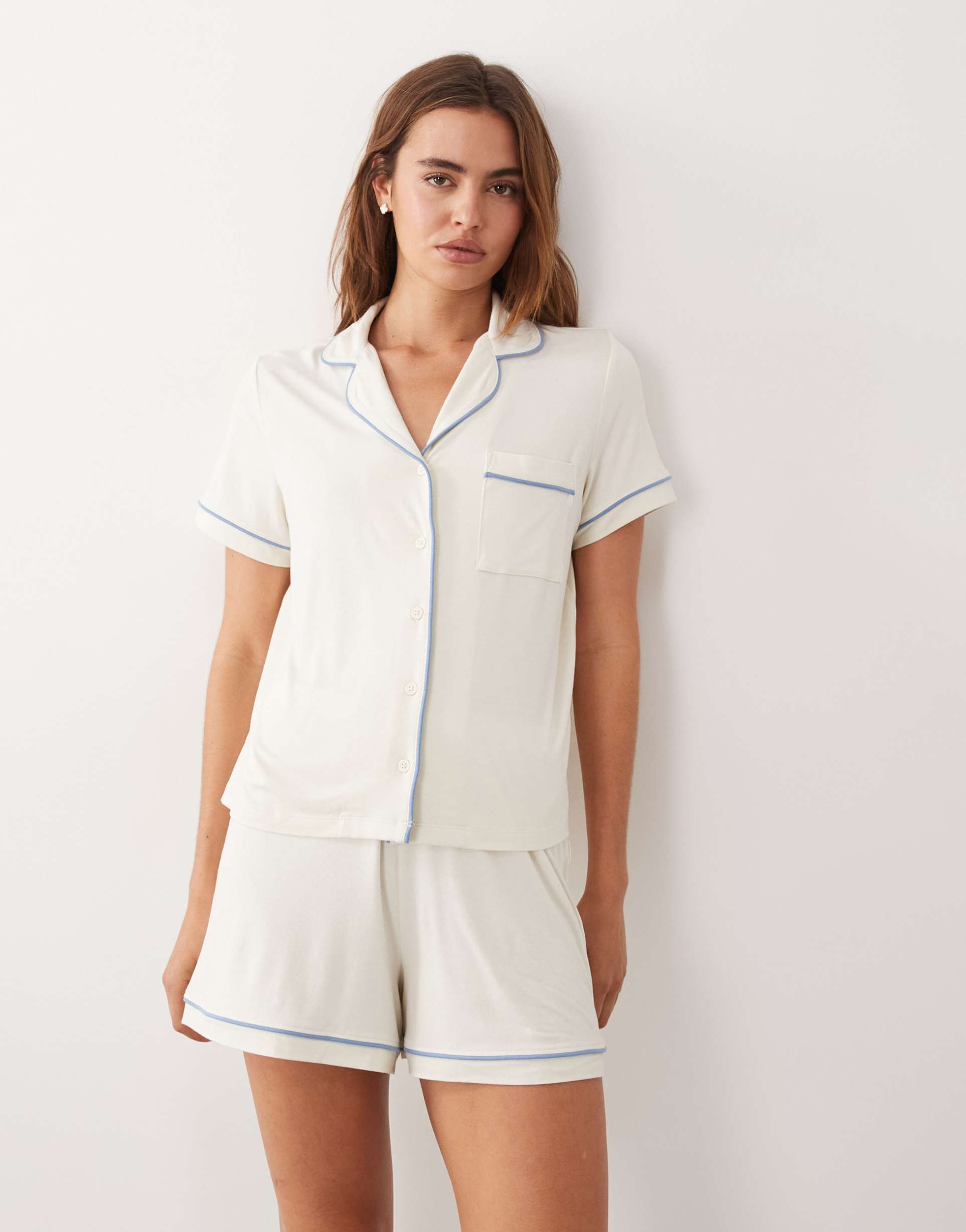 asos design super soft short sleeve shirt and short pajama set in ivory with blue trim