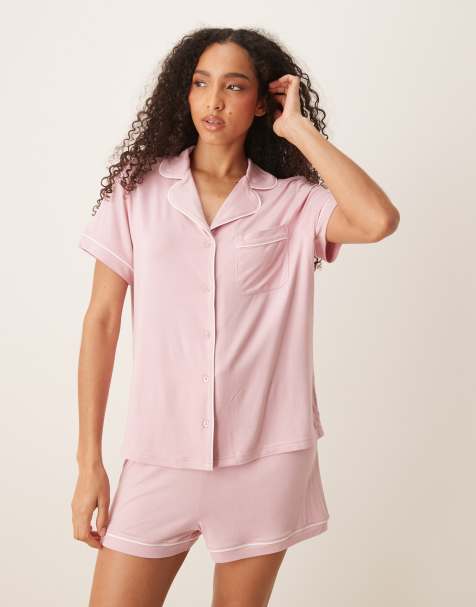 ASOS DESIGN super soft short sleeve shirt and short pyjama set in dusty pink - view 1