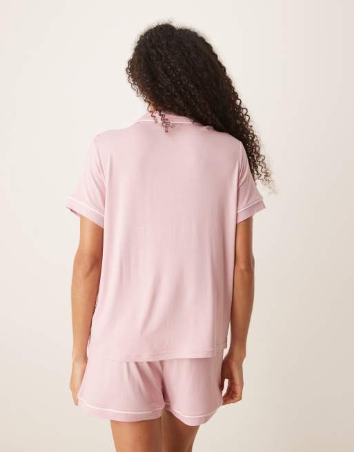 ASOS DESIGN super soft short sleeve shirt and short pyjama set in dusty pink, 4 of 4