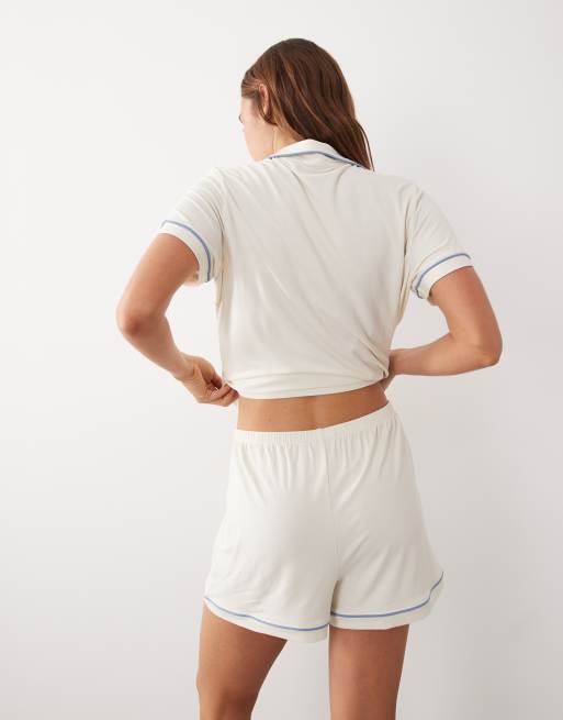 ASOS DESIGN super soft short sleeve shirt and short pyjama set in ivory with blue trim, 4 of 4