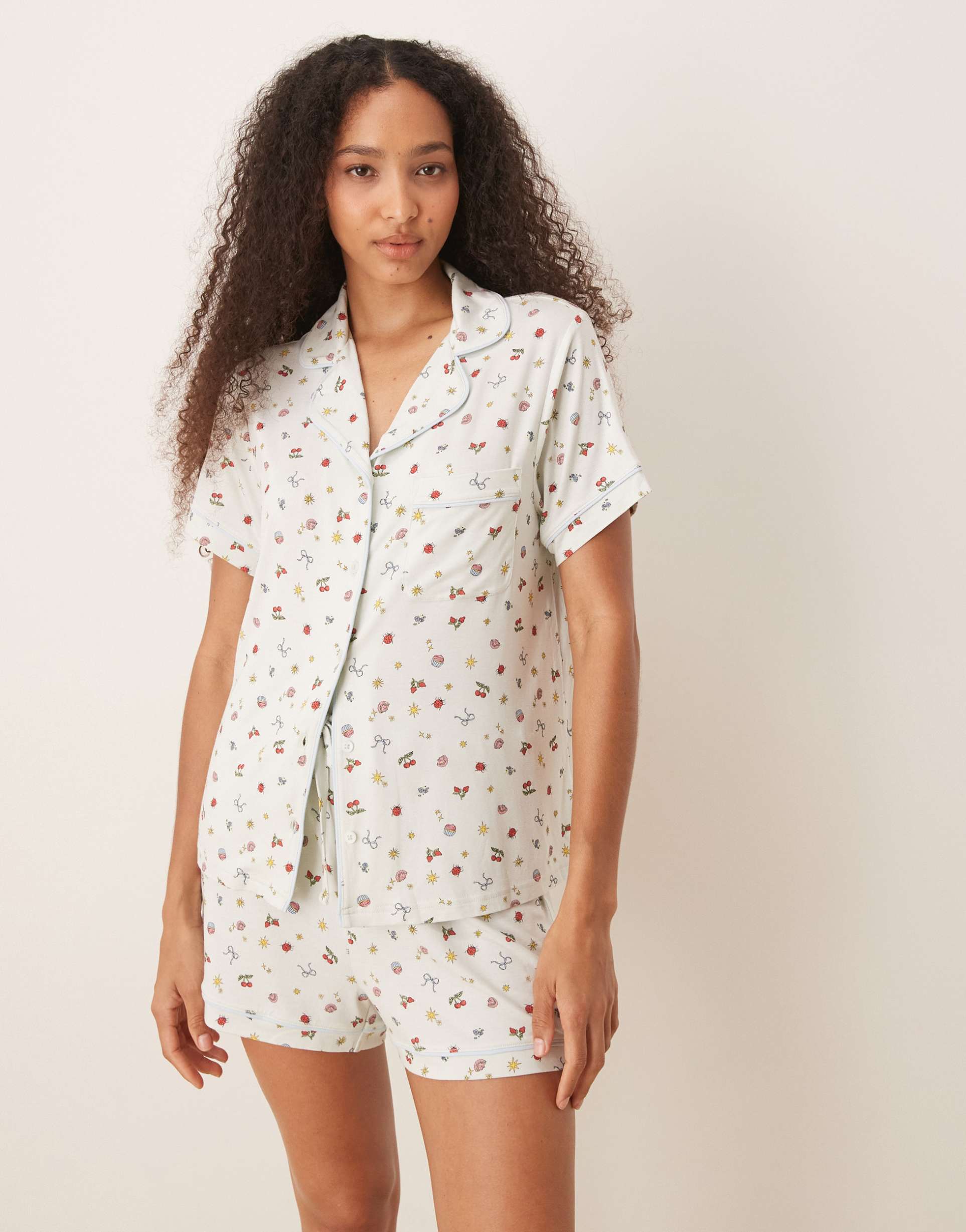 asos design super soft short sleeve shirt and shorts pajama set in blue floral