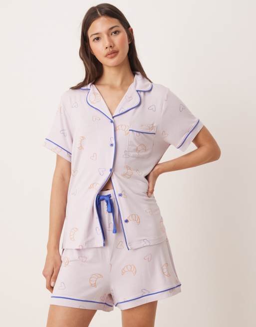 ASOS DESIGN super soft short sleeve shirt and shorts pyjama set in lilac croissant print