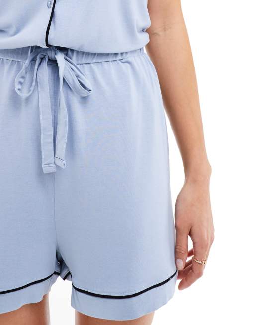 ASOS DESIGN super soft short sleeve shirt & shorts pyjama set with contrast piping in blue, 3 of 4