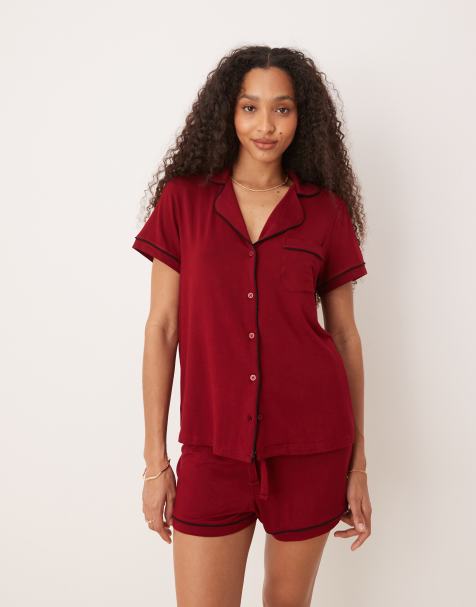 ASOS DESIGN super soft short sleeve shirt & shorts pyjama set with contrast piping in burgundy - view 1
