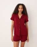 [ASOS DESIGN] ASOS DESIGN super soft short sleeve shirt & shorts pyjama set with contrast piping in burgundy-Red XS Burgundy