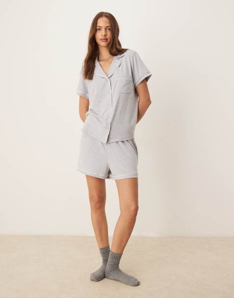 ASOS DESIGN super soft short sleeve shirt & shorts pyjama set with contrast piping in grey - view 1