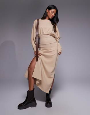 ASOS DESIGN super soft slash neck blouson batwing midi dress in stone-Neutral