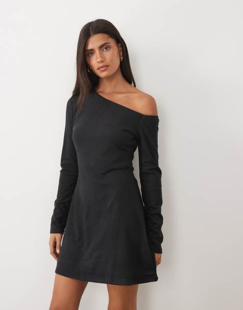 ASOS DESIGN super-soft slash neck long sleeve mini dress in black - view 1