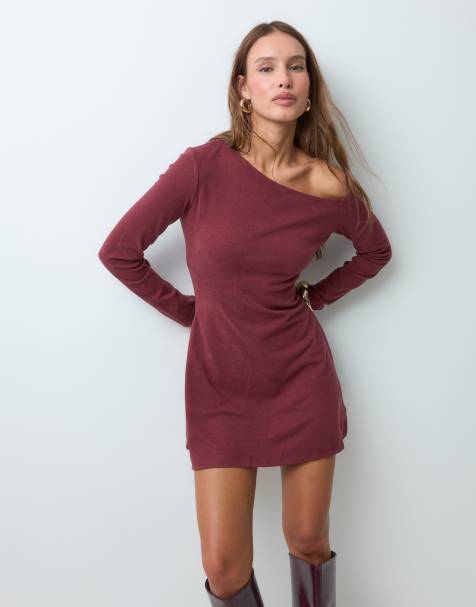 ASOS DESIGN super-soft slash neck long sleeve mini dress in burgundy - view 1