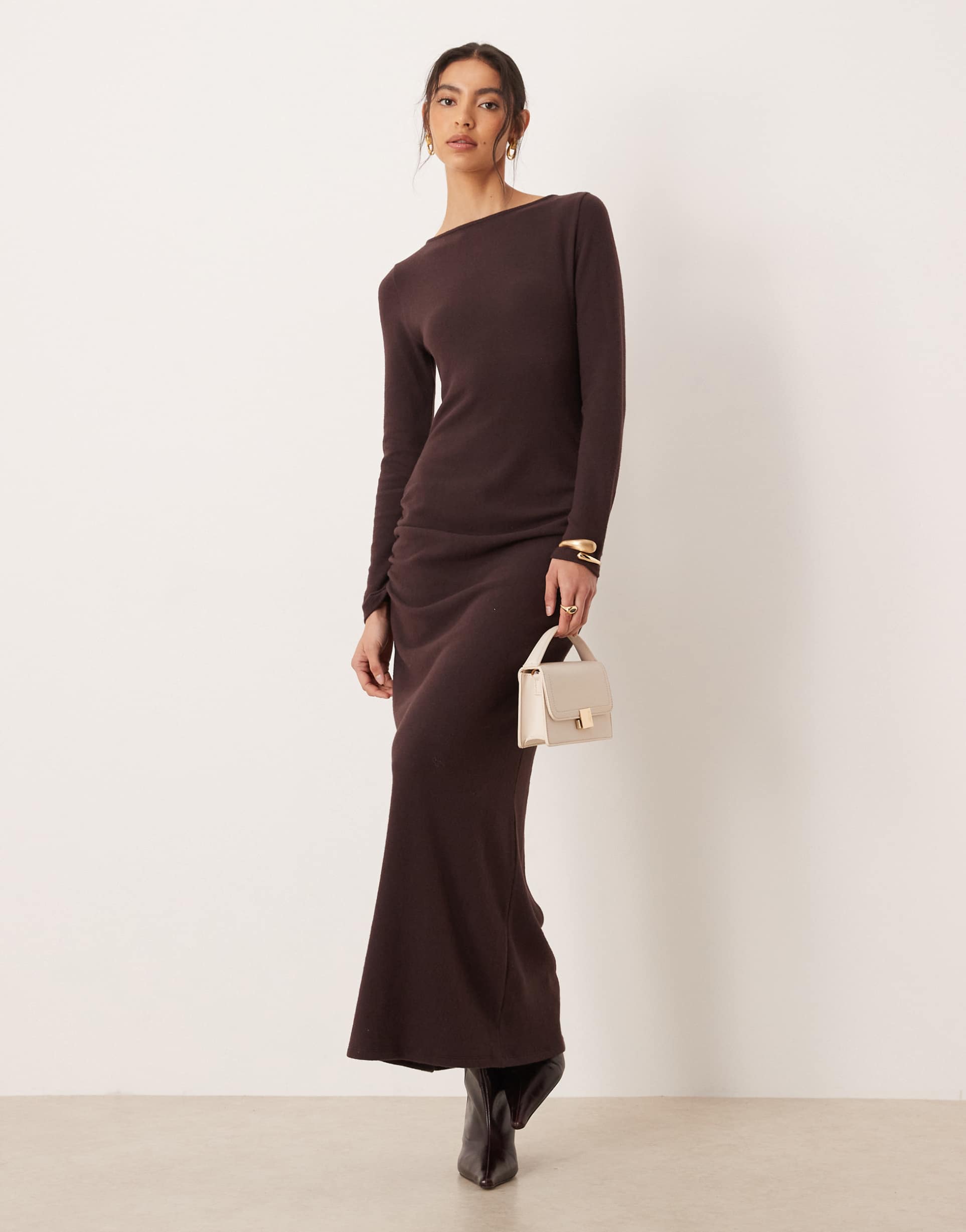 asos design super soft slashed neck ruched maxi dress in chocolate brown