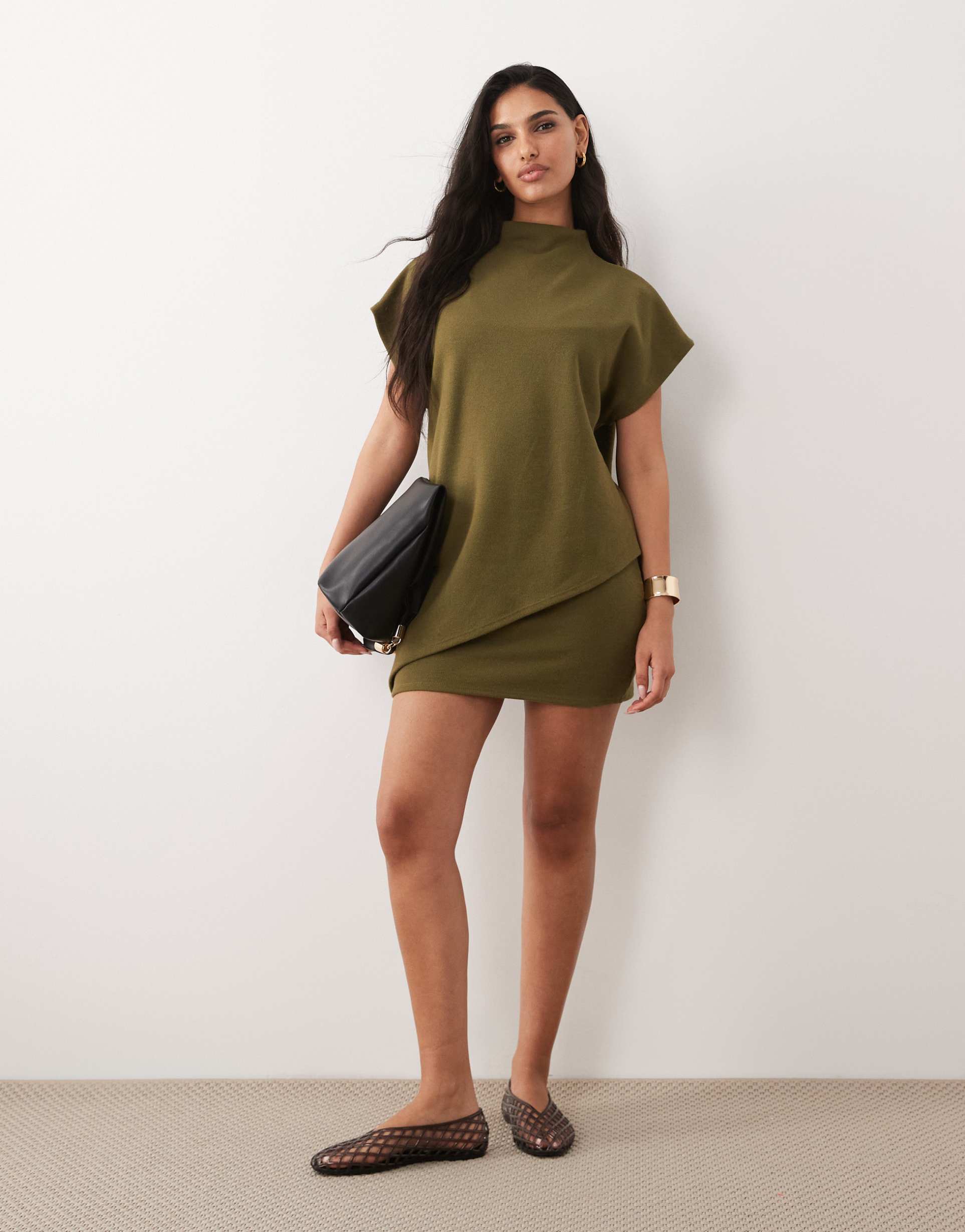 asos design super soft sleeveless cape double layer mini dress in green