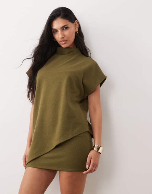 ASOS DESIGN super soft sleeveless cape double layer mini dress in green, 2 of 4