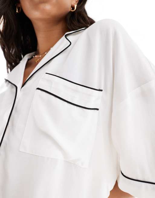 ASOS DESIGN super soft slinky crop beach shirt in white with contrast binding, 3 of 4