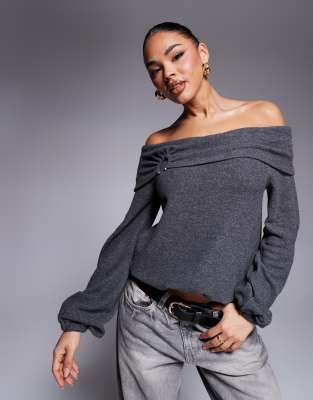 Asos Design Super Soft Slouchy Bardot Top With Hardware Metal Trim Detail In Gray Heather