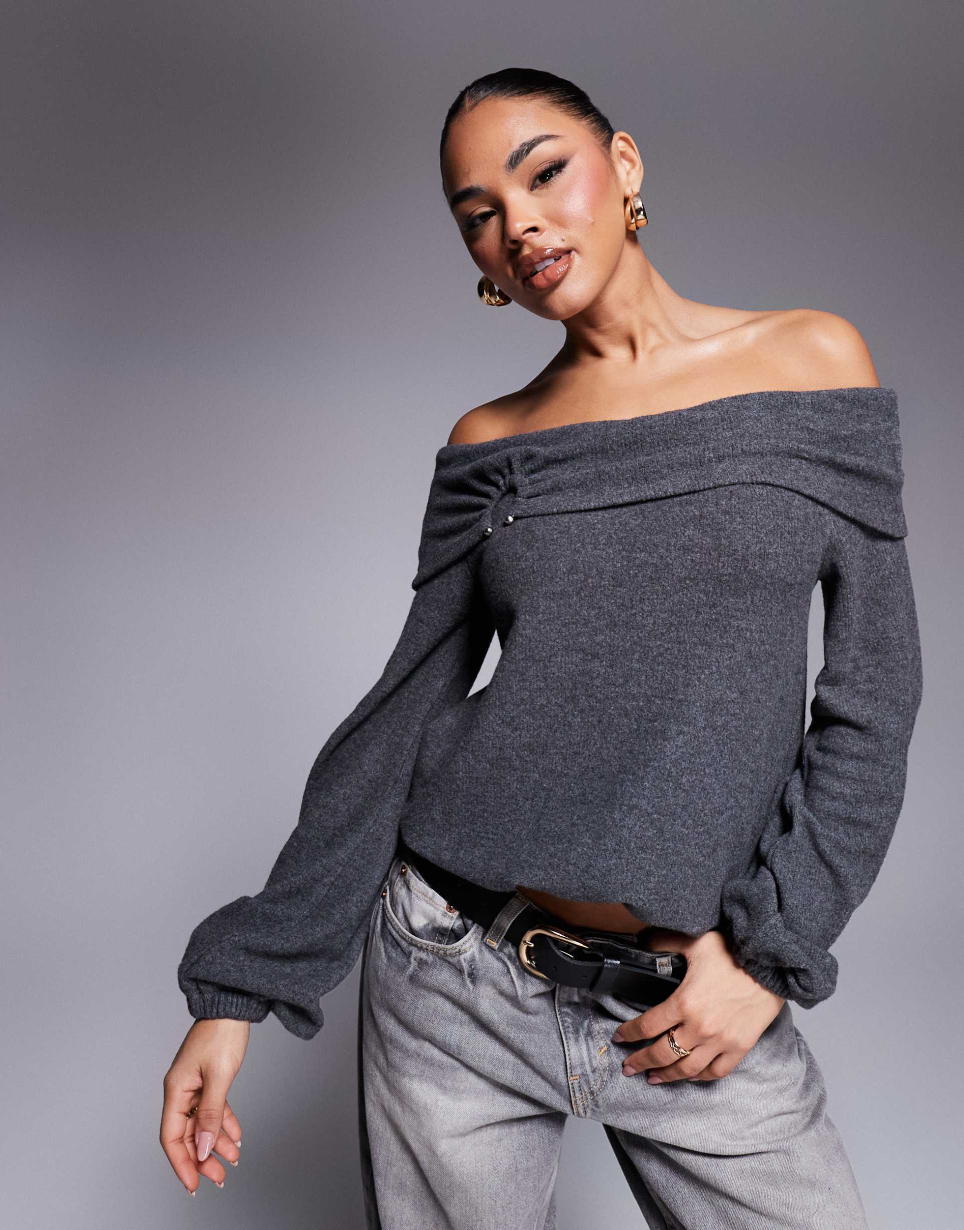 asos design super soft slouchy bardot top with hardware metal trim detail in gray heather