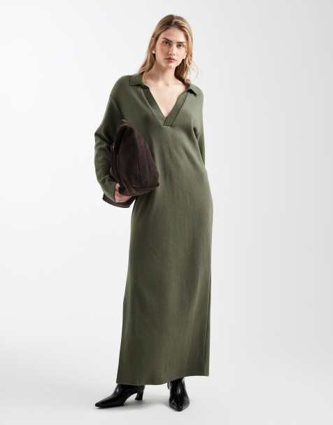 ASOS DESIGN super soft slouchy polo midi dress in khaki - view 1