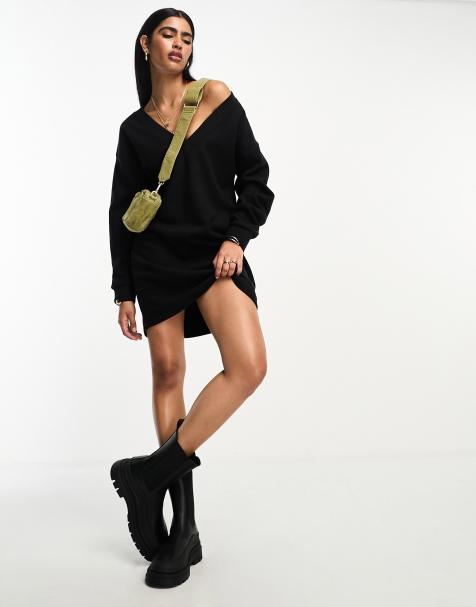 ASOS DESIGN super soft slouchy v neck sweater mini dress in black - view 1