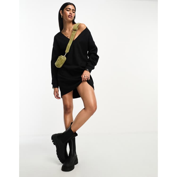 ASOS DESIGN super soft slouchy v neck sweater mini dress in black