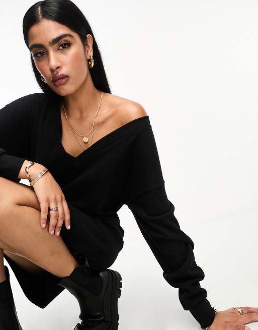 ASOS DESIGN super soft slouchy v neck sweater mini dress in black, 2 of 4