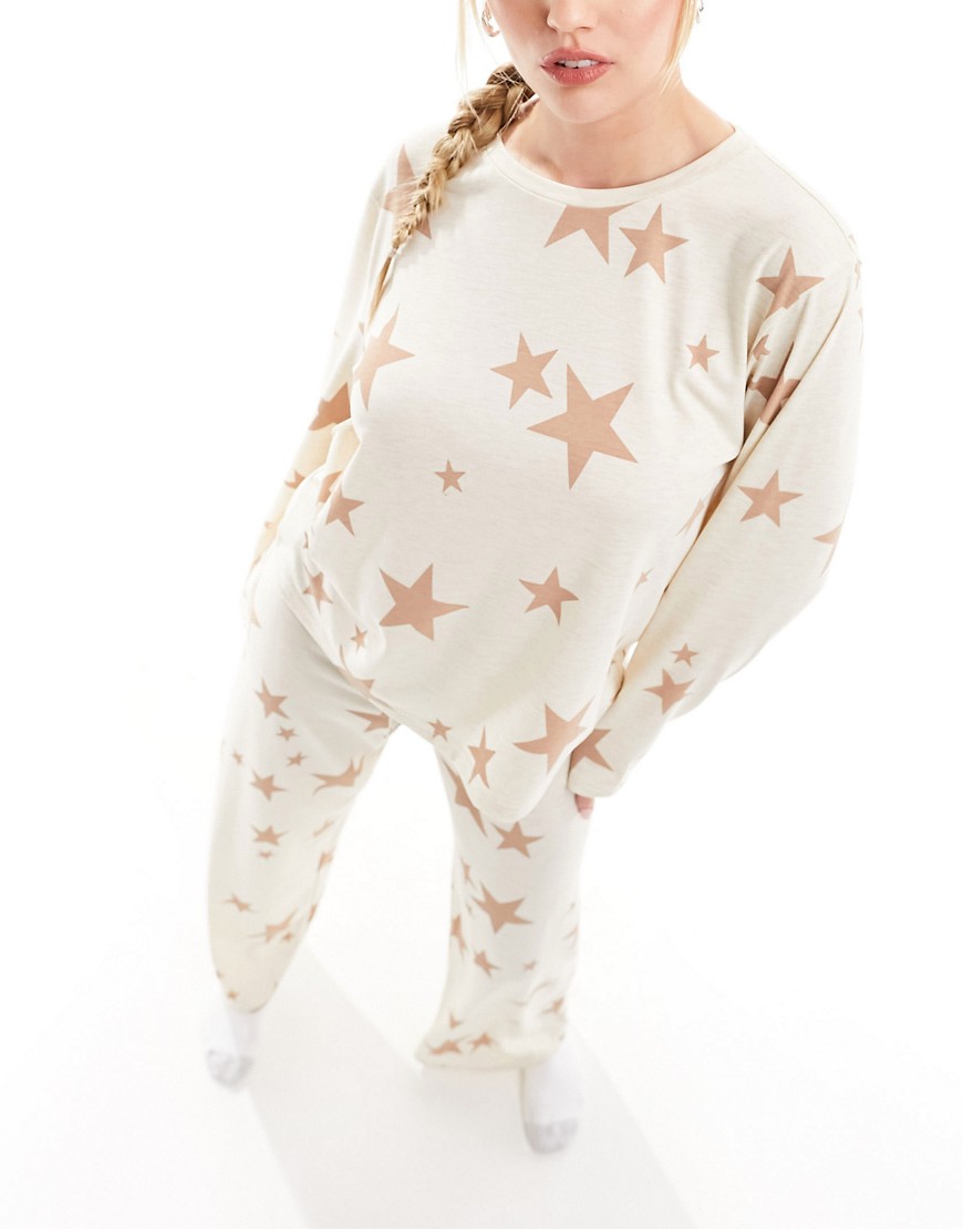 super soft star long sleeve top & pants pajama set in cream-White