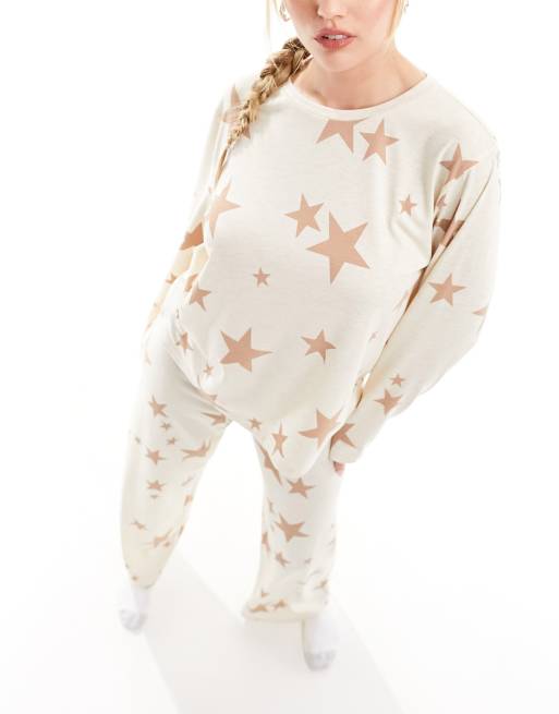 ASOS DESIGN super soft star long sleeve top & pants pyjama set in cream