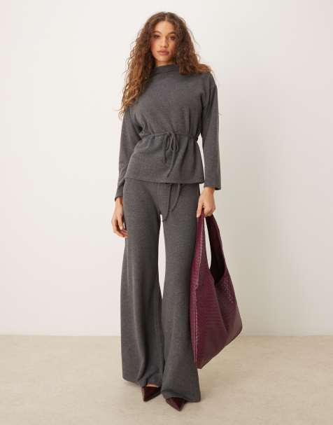 ASOS DESIGN super soft tie waist longline high neck top and wide leg trousers in grey - view 1