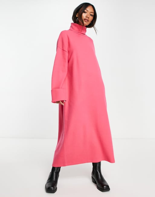 ASOS DESIGN super soft turned cuff roll neck midi sweater dress in bright pink