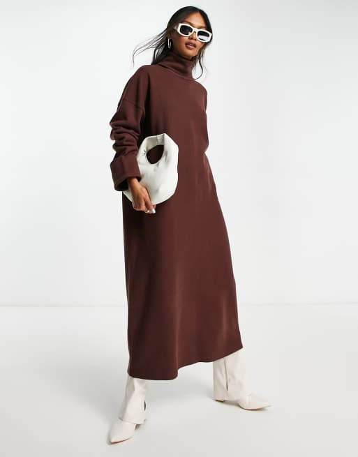 ASOS DESIGN super soft turned cuff roll neck midi sweater dress in chocolate