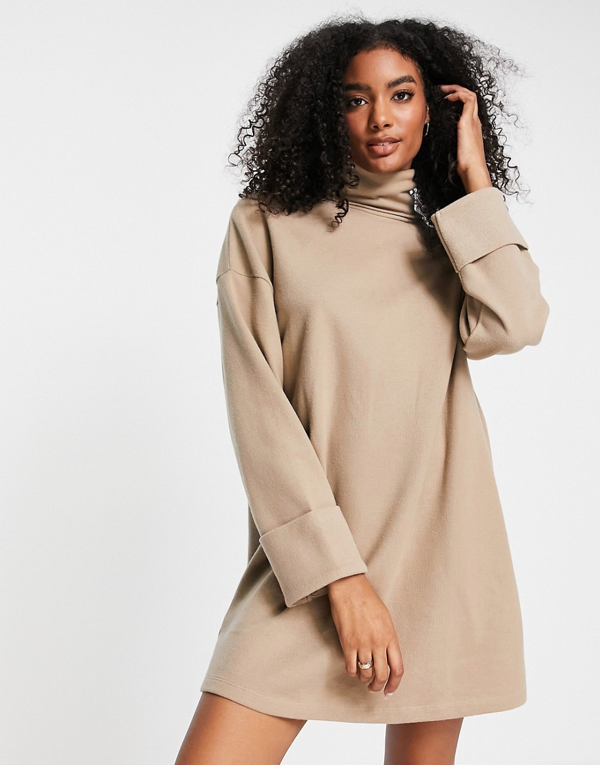 ASOS DESIGN super soft turned cuff roll neck mini sweater dress in camel-Neutral