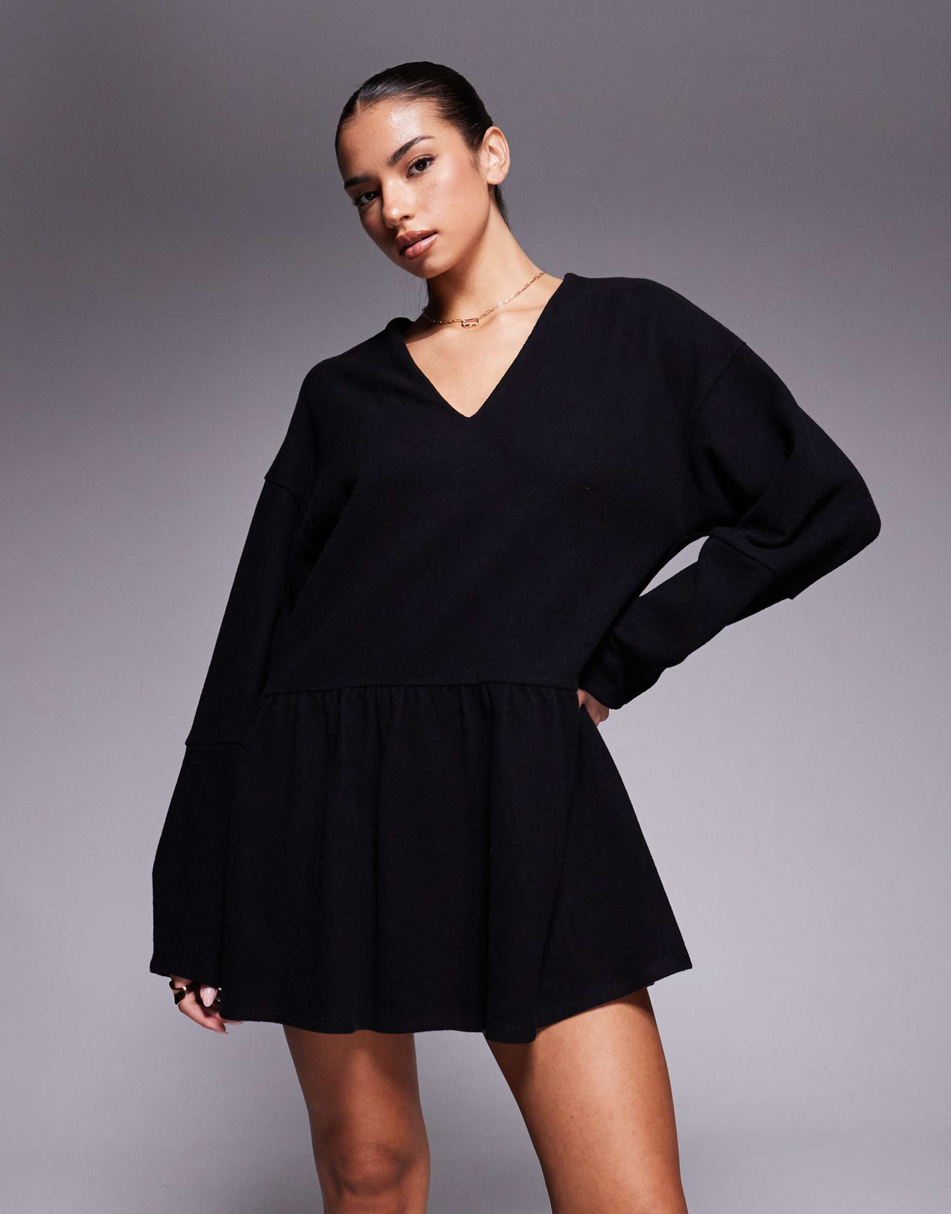 asos design super soft v-front dropped waist mini dress in black