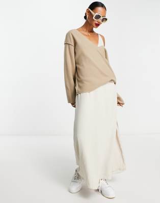 ASOS DESIGN super soft v neck jumper with exposed seams in camel