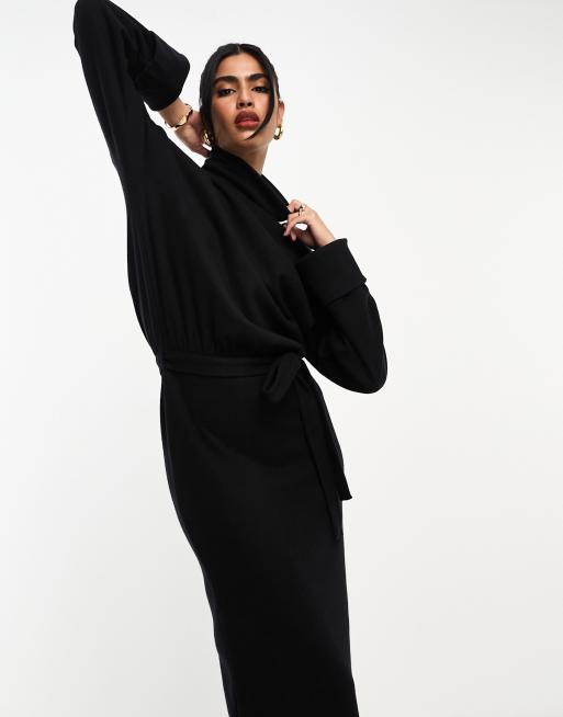 ASOS DESIGN super soft volume sleeve roll neck belted maxi jumper dress in black, 3 of 4