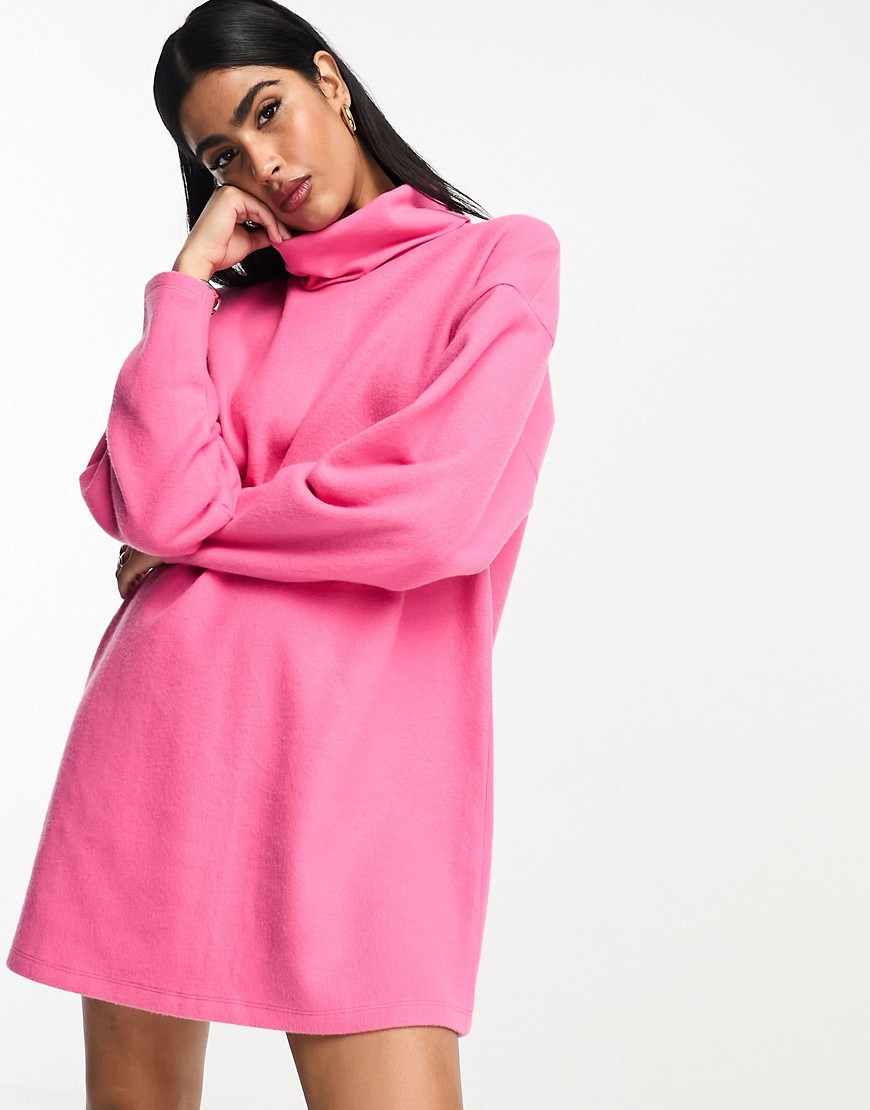 Asos Design Super Soft Volume Sleeve Turtle Neck Mini Sweater Dress In Light Pink