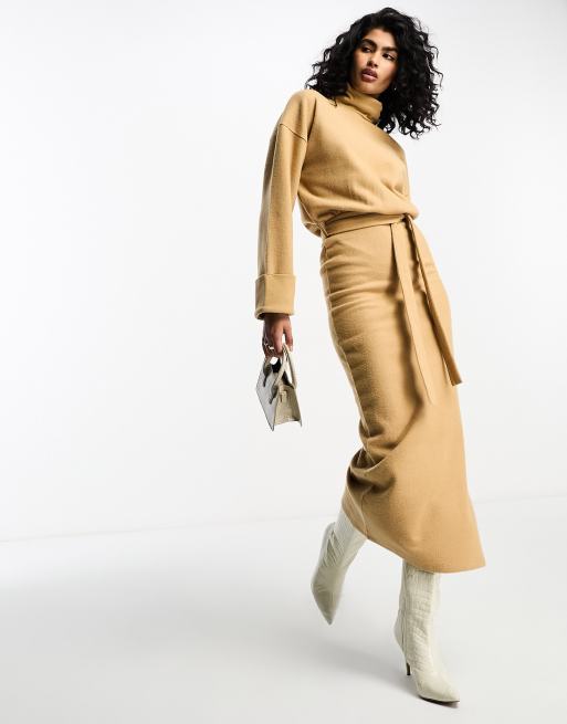 ASOS DESIGN super soft volume sleeve turtleneck belted maxi sweater dress in camel