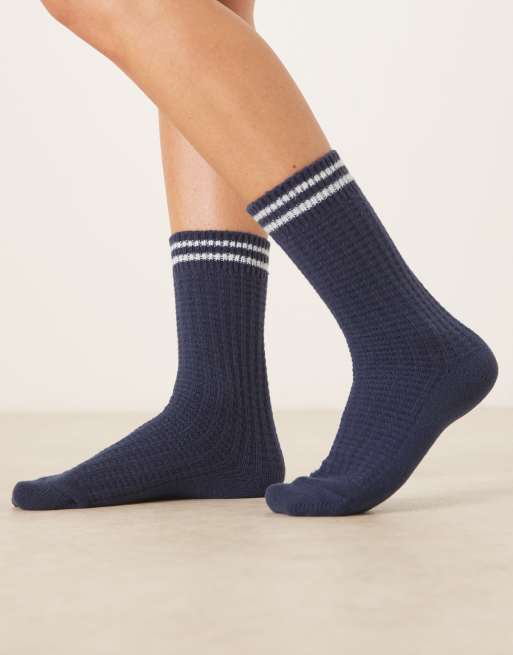 ASOS DESIGN super soft waffle ribbed socks in navy with light blue stripe