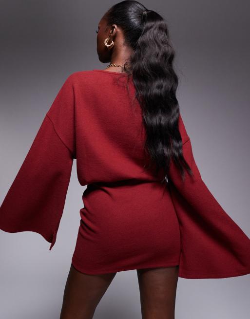 ASOS DESIGN super soft wide long sleeve blouson mini dress in burgundy