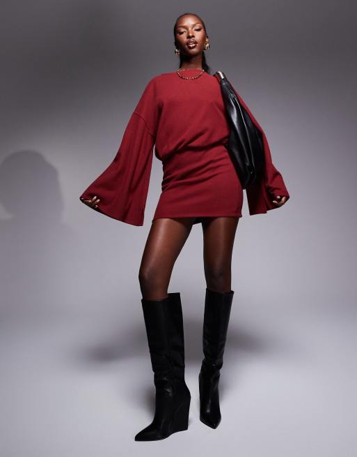 ASOS DESIGN super soft wide long sleeve blouson mini dress in burgundy