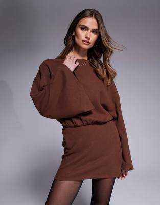 super soft wide long sleeve blouson mini dress in chocolate-Brown