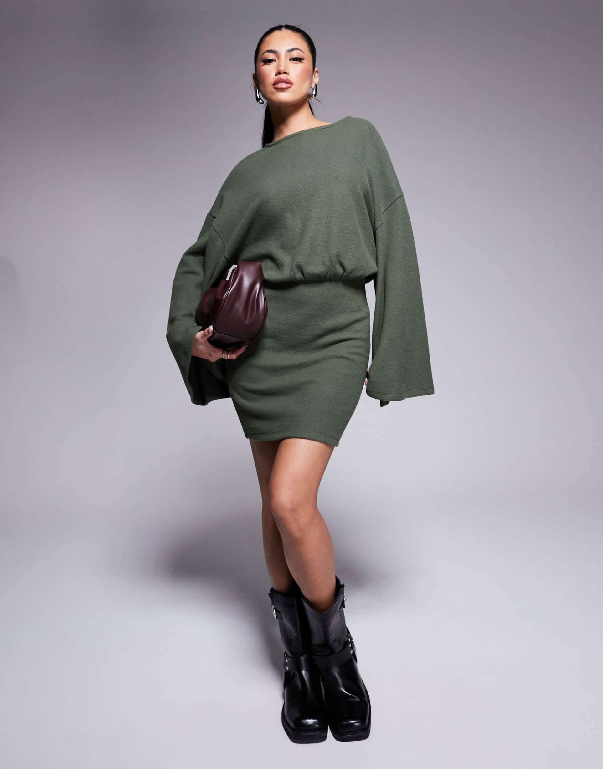 asos design super soft wide long sleeve blouson mini dress in khaki