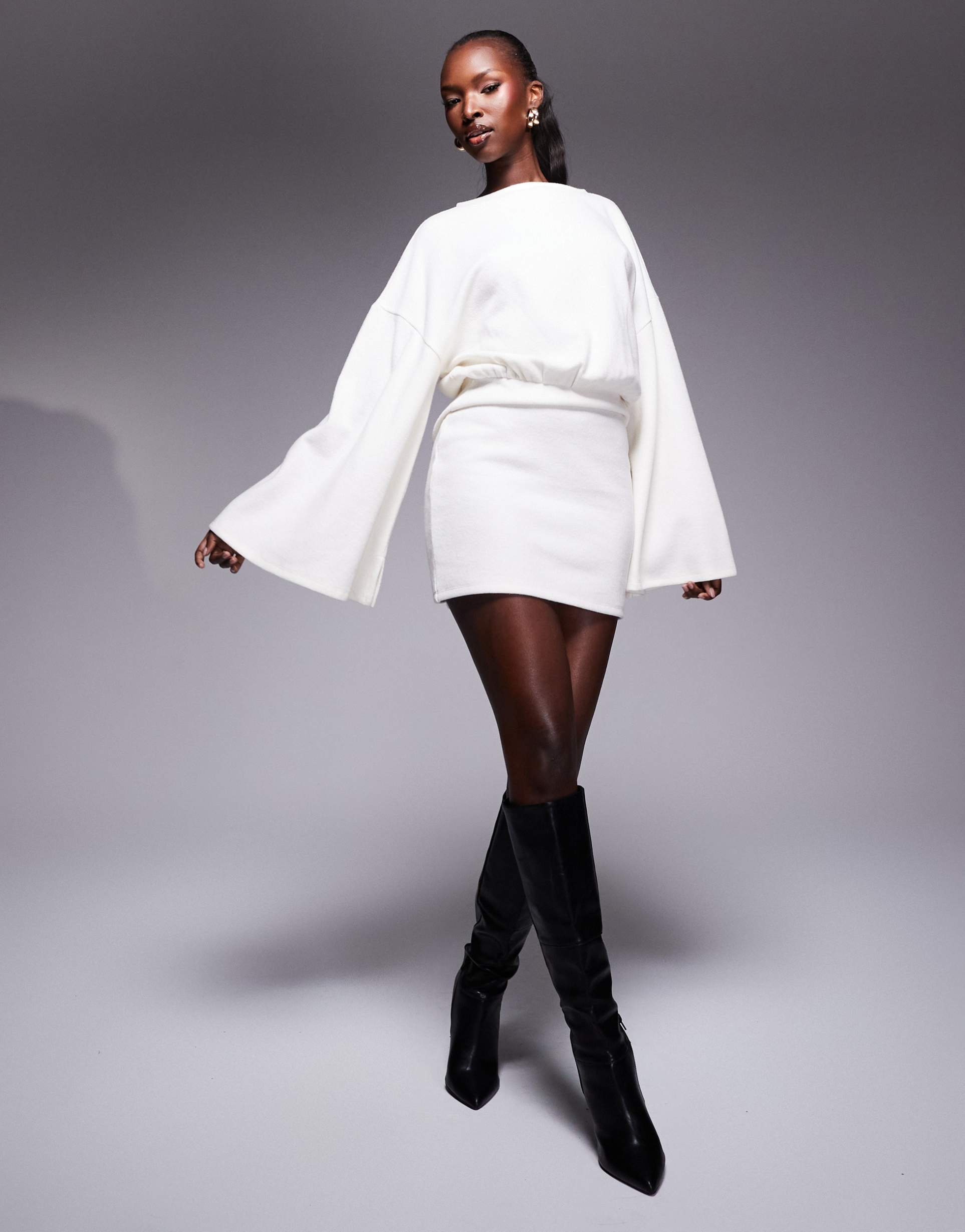 asos design super soft wide long sleeve blouson mini dress in winter white