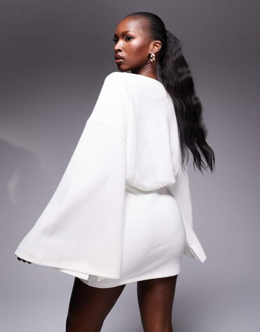 ASOS DESIGN super soft wide long sleeve blouson mini dress in winter white