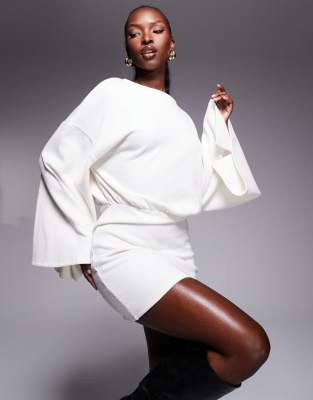 ASOS DESIGN super soft wide long sleeve blouson mini dress in winter white  | ASOS