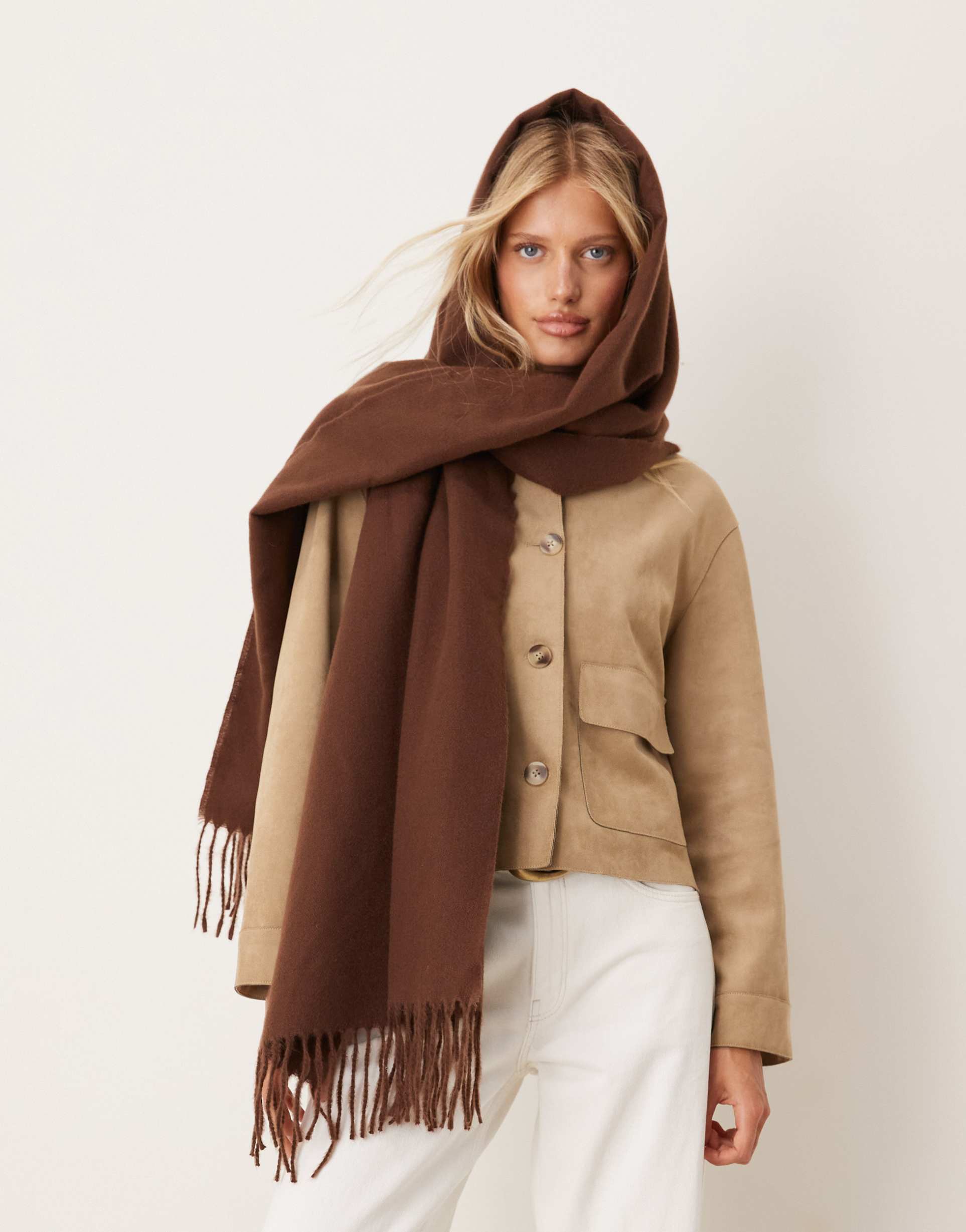 asos design super soft woven tassel scarf in chocolate