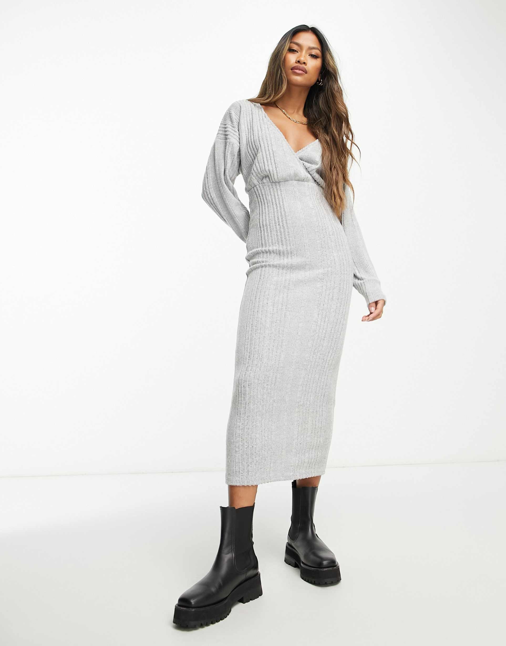 asos design super soft wrap front ribbed midi dress with long sleeve in gray