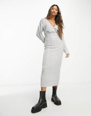 ASOS DESIGN super soft wrap front ribbed midi dress with long sleeve in gray