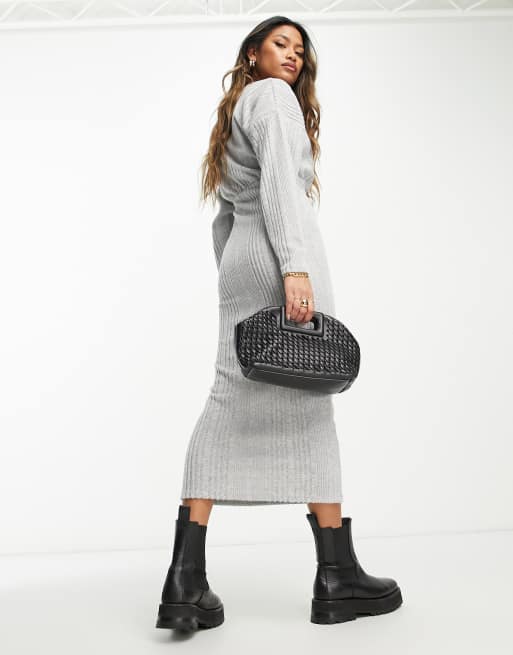 ASOS DESIGN super soft wrap front ribbed midi dress with long sleeve in gray