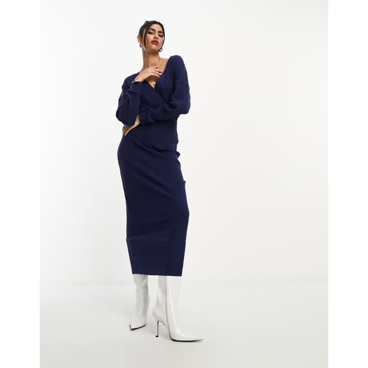 ASOS DESIGN super soft wrap front ribbed midi dress with long sleeve in navy