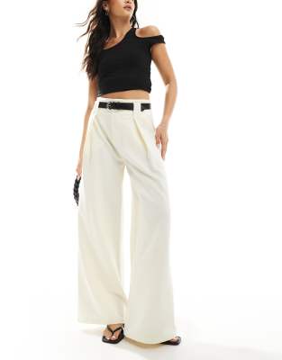 super wide leg belted tailored pants in cream-Neutral